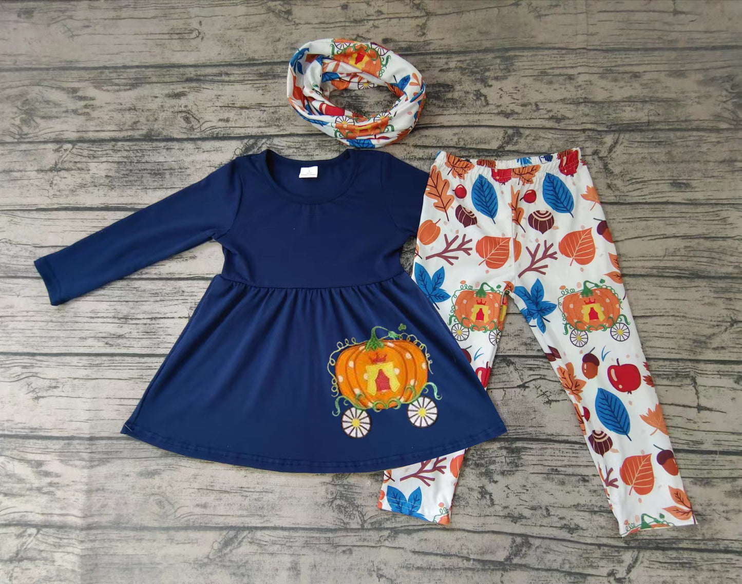 preorder (choose scarf below ) embroidered blue long sleeve orange pumpkin pants girl outfit 0608 Halloween 的副本