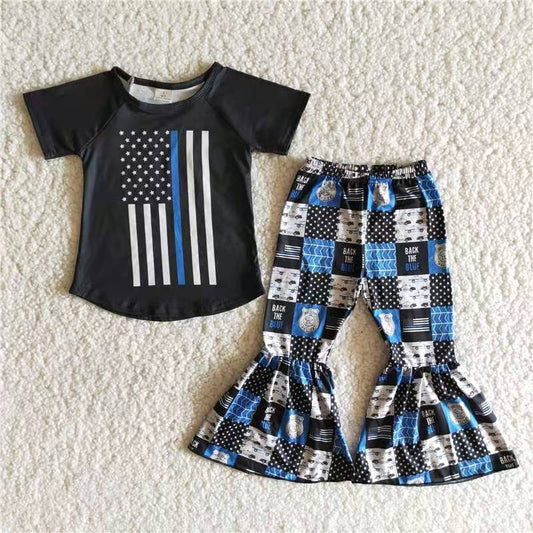 Police blue flag stripe stars boy short sleeve shorts outfits 0104