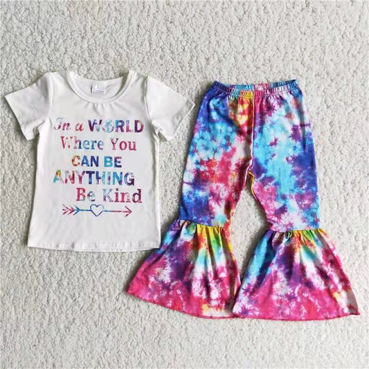 promotion C9-16 colorful letter tie-dyed short sleeve bell bottom pant outfit