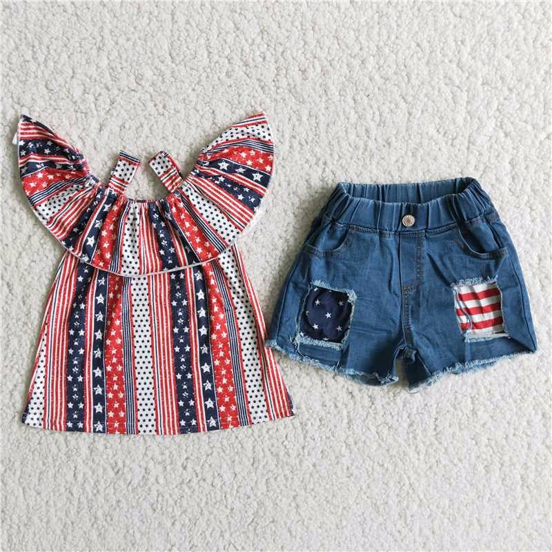 girl outfit stripe stars blue short sleeve denim shorts set