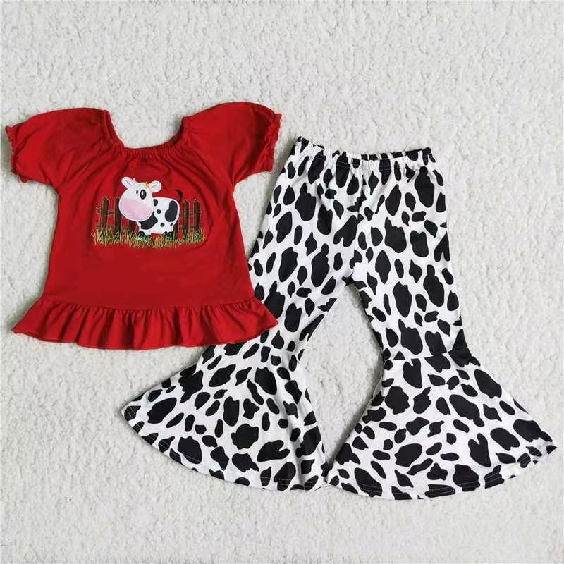 promotion B18-13 embroidery cow plaid short sleeve girl pajamas outfit 20230731 RTS