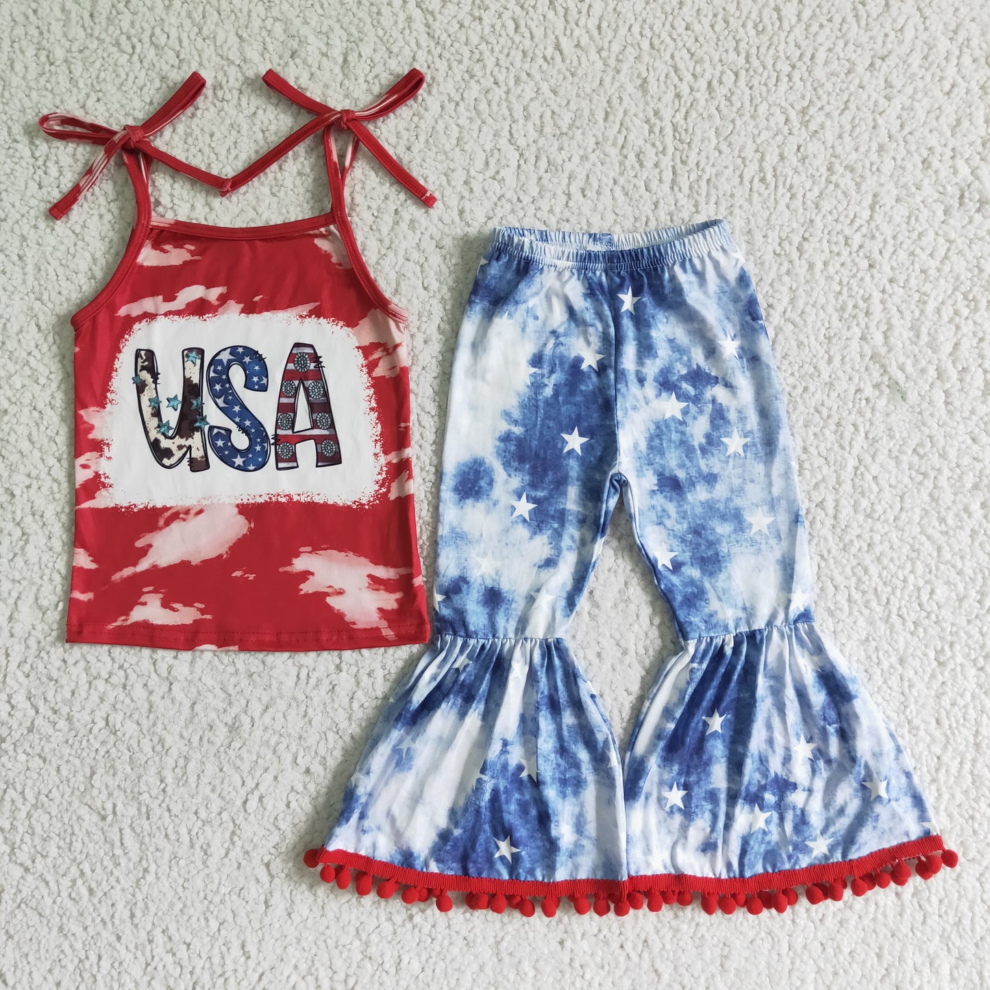 promotion GSPO0068 RTS red sling top USA girl short sleeve blue bleaching pompon bell bottom pant girl outfit 20230320 RTS