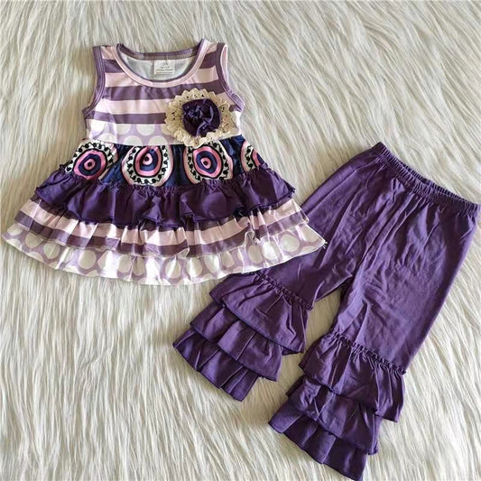 purple flowers stripe girl sleeveless pant girl outfit