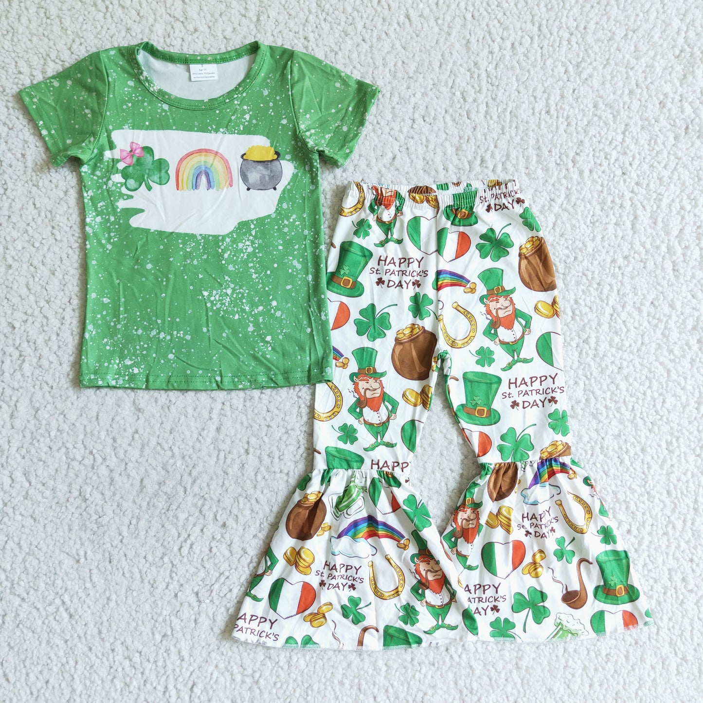 promotion RTS 1118 rainbow clover green short sleeve bell bottom pant GIRL outfit B16-11