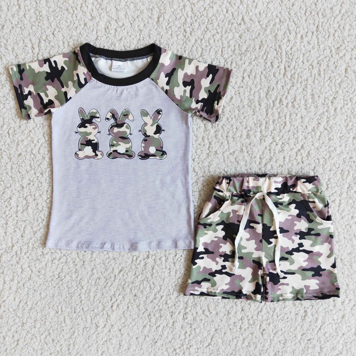 Promotion Easter boy clothes camo raglan gray rabbit short sleeve shorts outfit