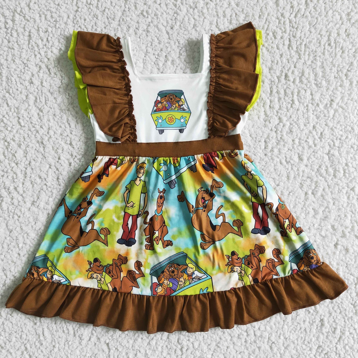 promotion girl cartoon dogs bus brown green flutter short sleeve dress 0328