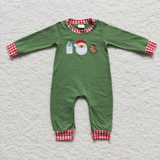 LR0232  embroidery christmas Santa milk cookie green long sleeve boy romper RTS 1124