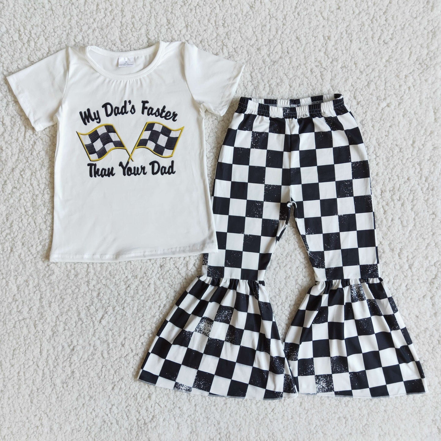 promotion RTS my dad's fasten flag letters white black plaid short sleeve bell bottom pant outfit