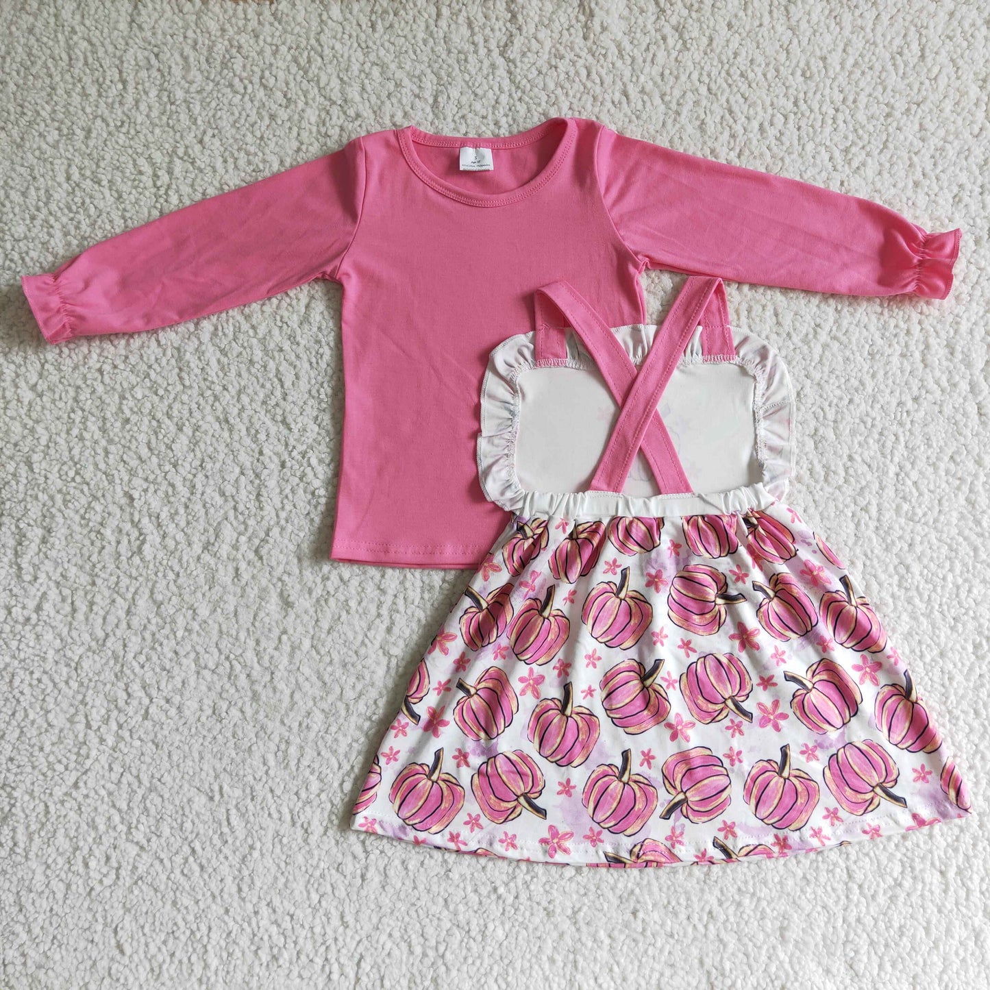 GLD0032 RTS long sleeve pink top halloween overall suspender pumpkin skirt dress girl outfit