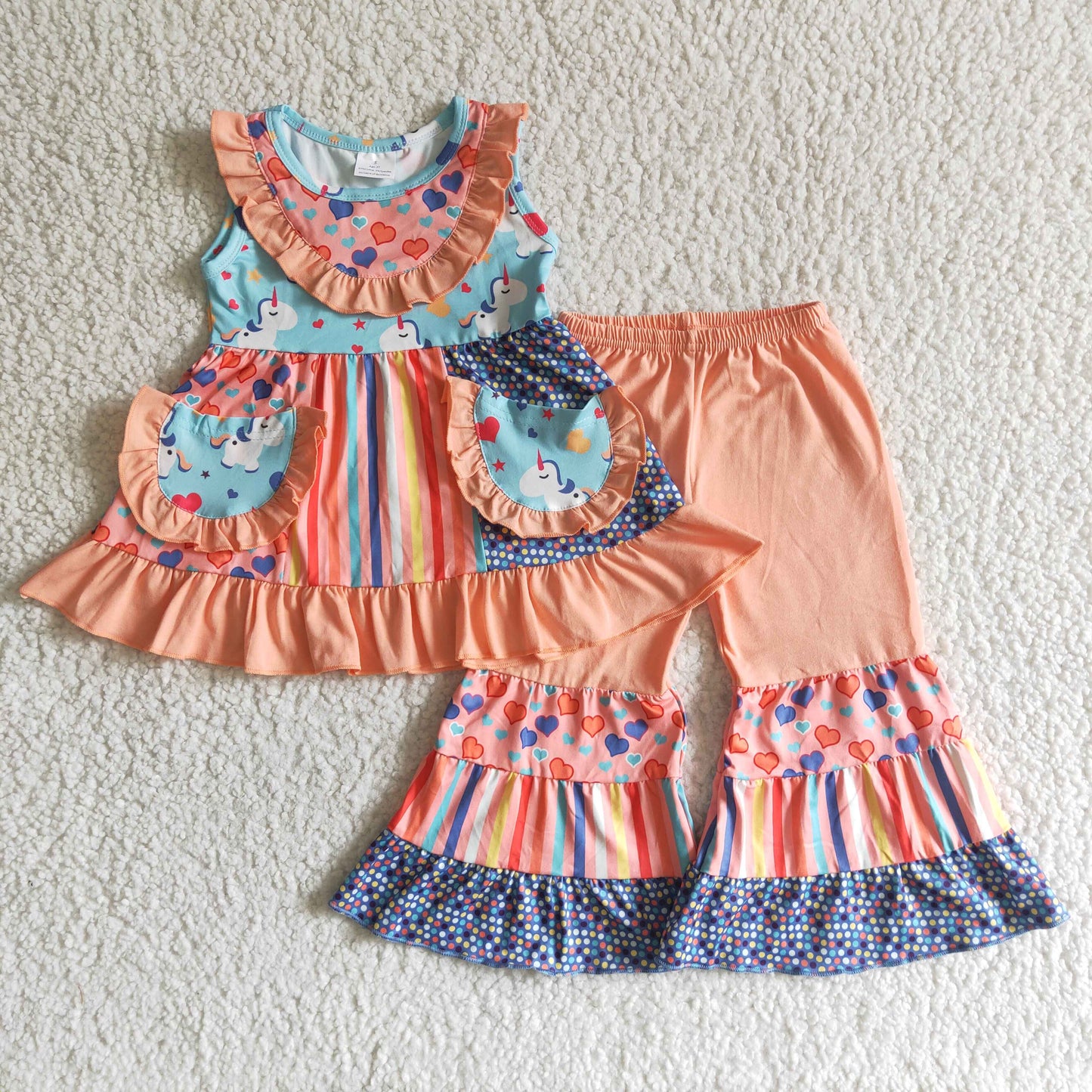 orange heart unicorn print ruffles sleeveless bell bottom pant outfit 0314