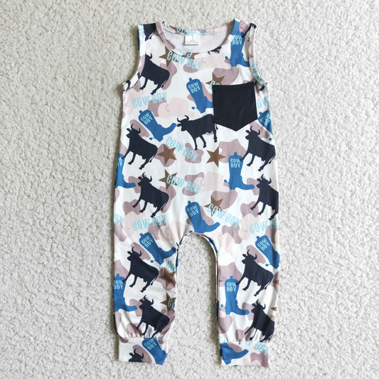 RTS 0713  cow cactus pocket sleeveless romper