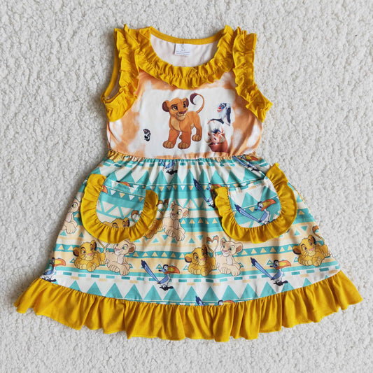 pockets yellow blue triangle chevron ruffles cartoon lions sleeveless dress 0512