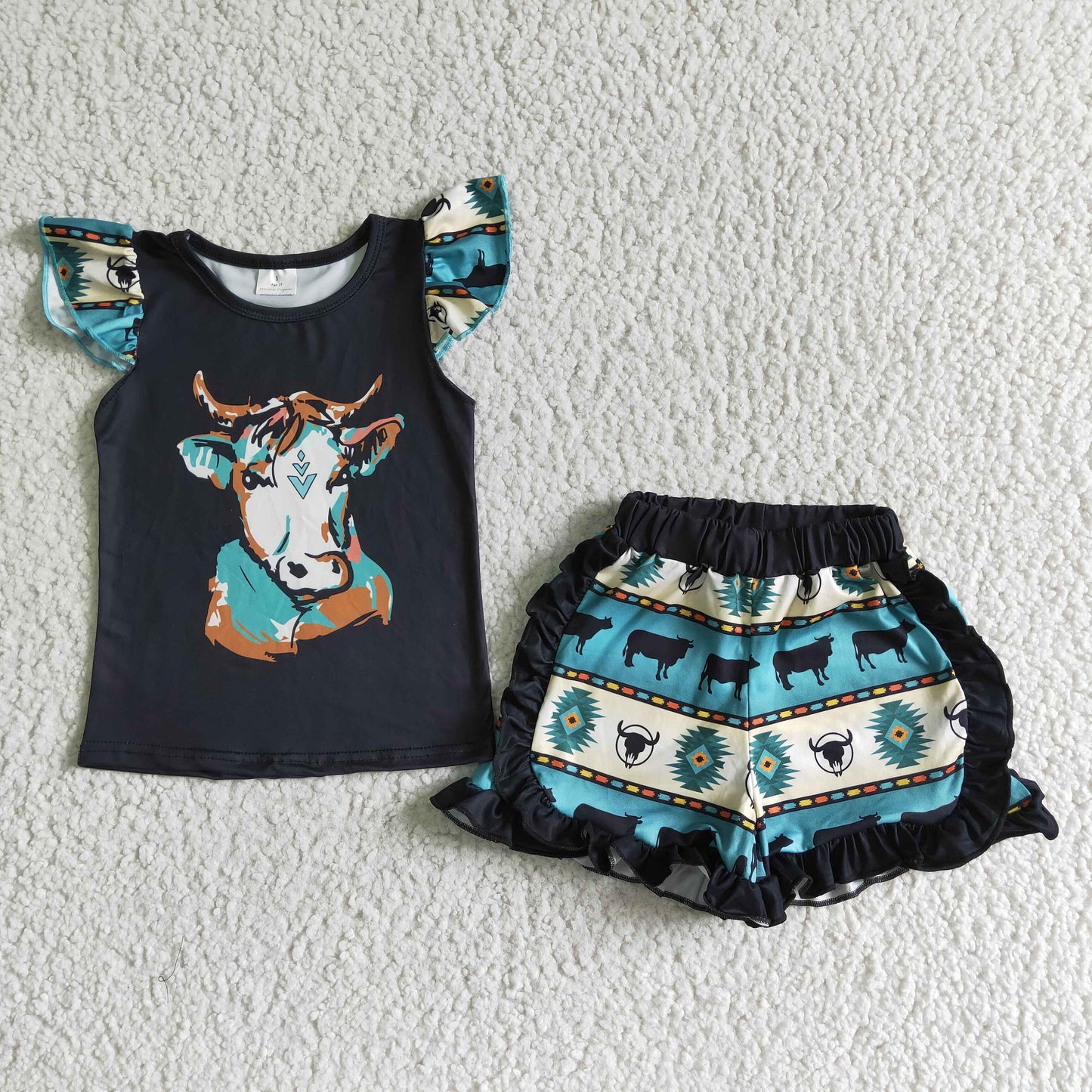 C15-4 Black heifer puffy sleeves cow ruffles short sleeve shorts set RTS 20230429