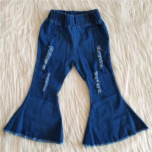 blue elastic waist bell bottom denim pants 0622 RTS