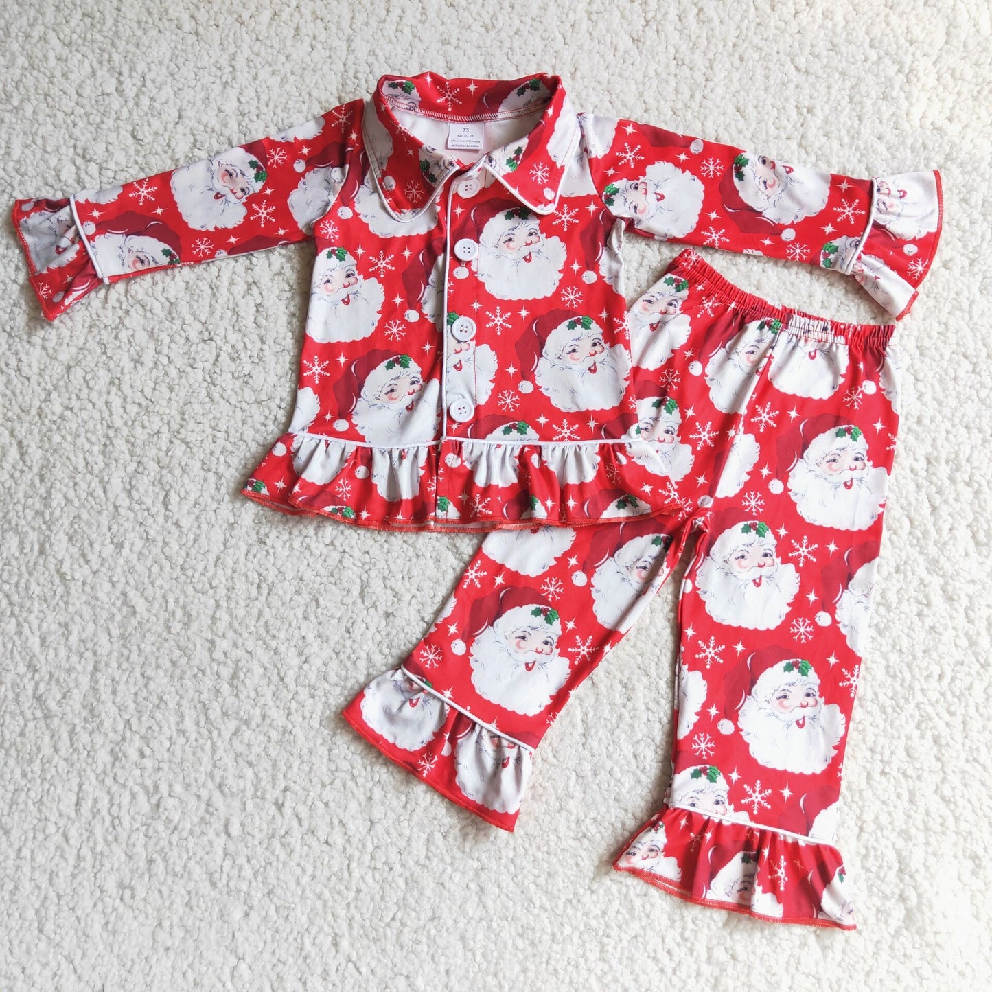 holiday christmas girls santa print button collar red lace long sleeve pajamas outfits