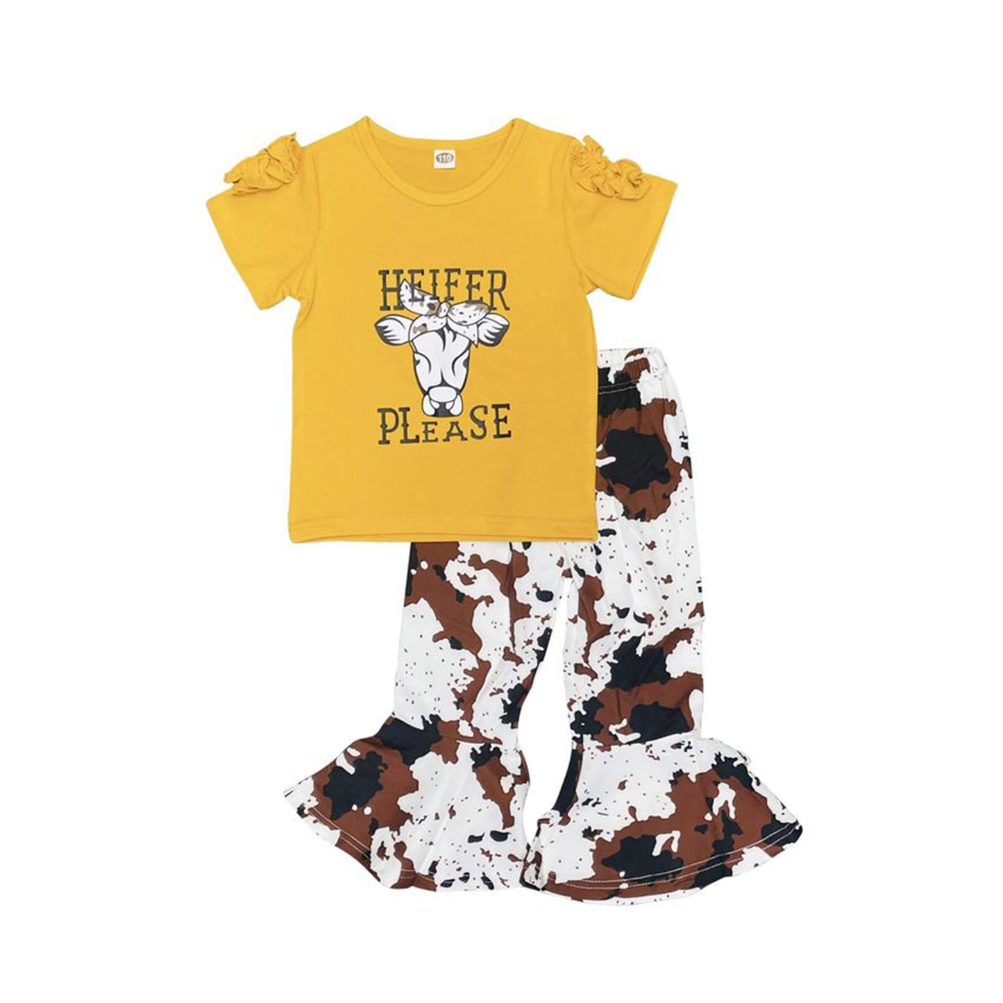 Preorder Heifer Please letters cow print yellow short sleeve bell bottom girl outfits 0210