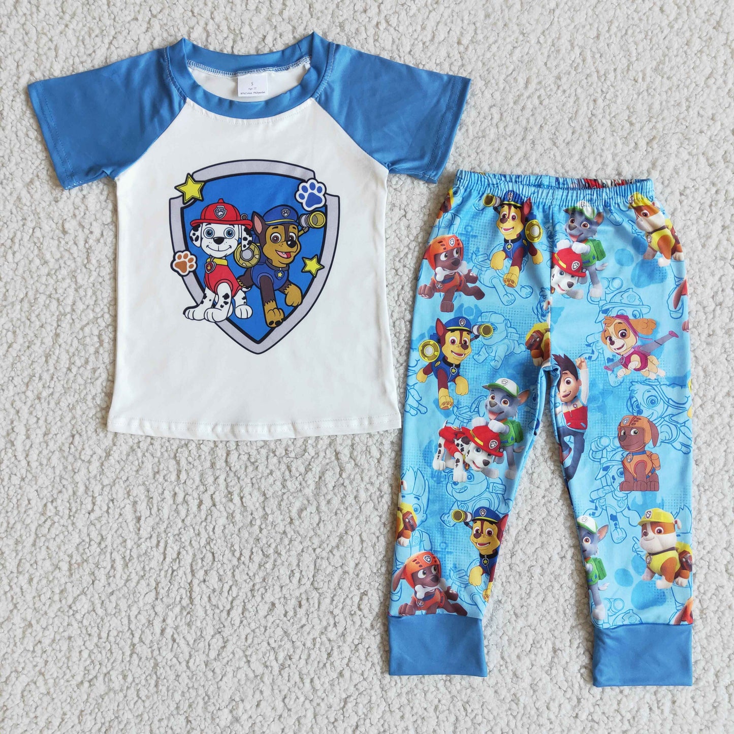 promotion E6-11 cartoon dogs blue raglan short sleeve pant boy outfit RTS 202405