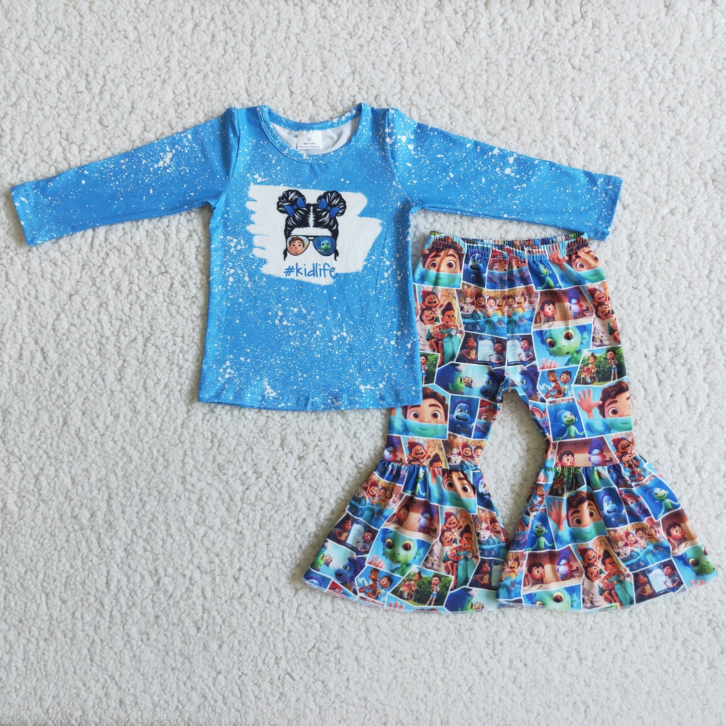 promotion 6 A7-4 cartoon print blue girl long sleeve bell bottom pant outfit