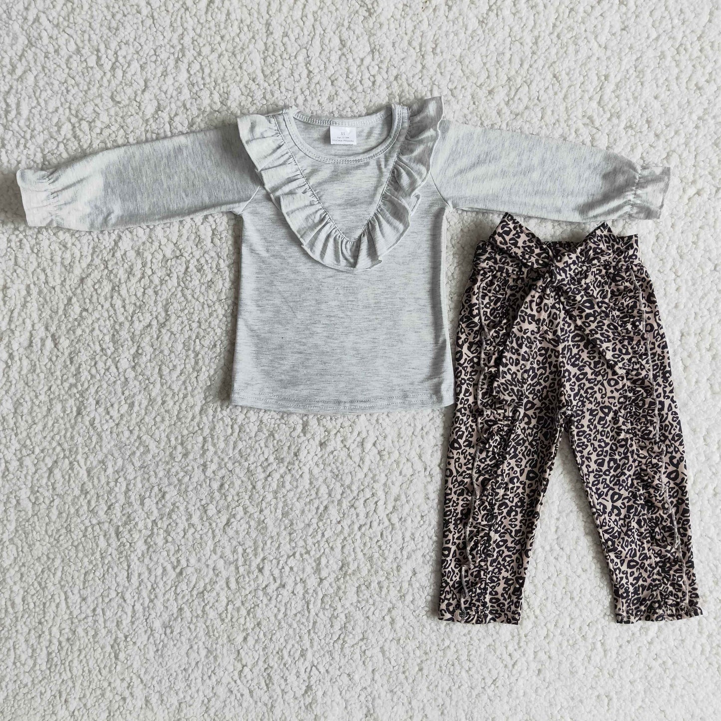 promotion RTS 6 A25-19 grey gray ruffles leopard print bow long sleeve legging pant outfit