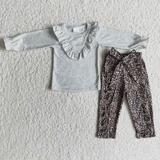 promotion RTS 6 A25-19 grey gray ruffles leopard print bow long sleeve legging pant outfit