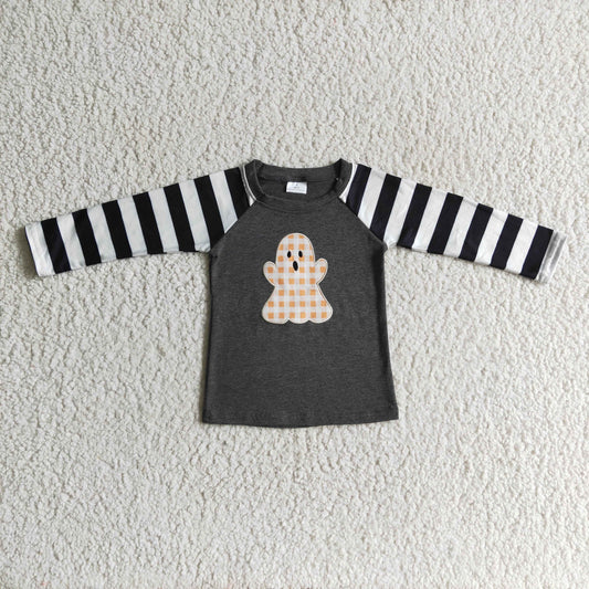 BT0063 RTS Embroidery halloween white head orange boo stripe long sleeve top 0915