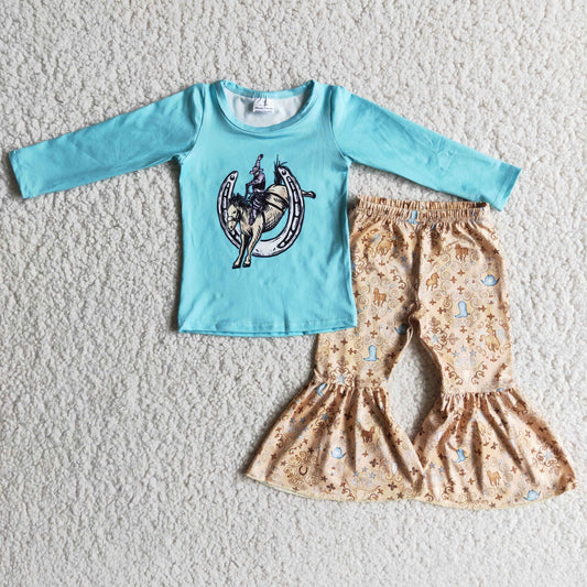 Promotion 6 A4-3 girl ride horse blue golden long sleeve bell bottom pant outfit 202501 RTS