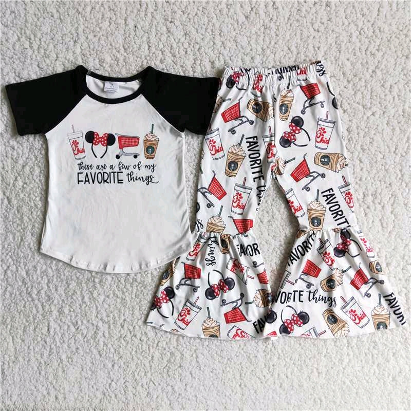 promotion E9-5 black raglan cup letters cartoon mouse short sleeve bell bottom pant girl outfit 0803 RTS