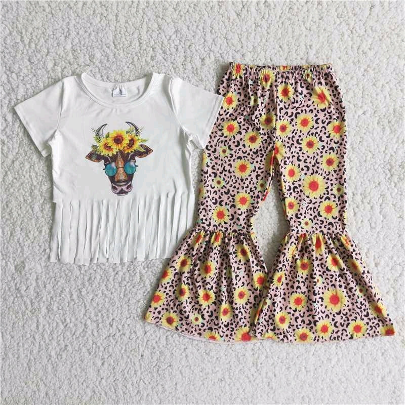 promotion C4-2 cow tassels flowers leopard print short sleeve bell bottom girl outfit  RTS