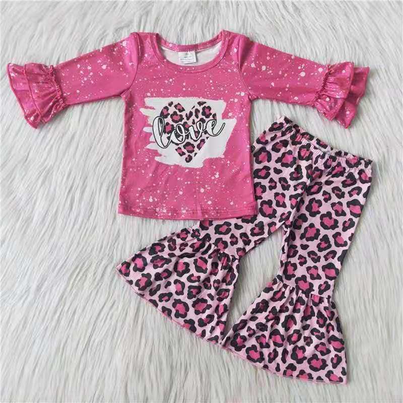 promotion love pink ruffle long sleeve top pink leopard long bell bottom pants outfits