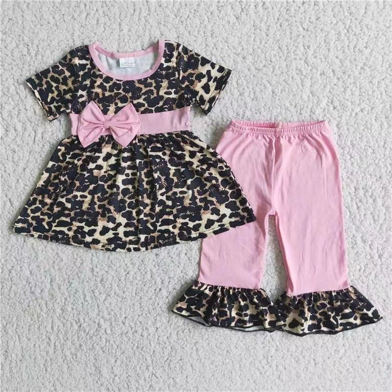 E3-2 leopard print bow Short sleeve legging pant girl outfit