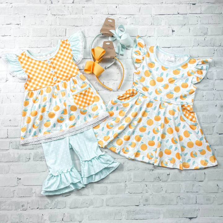 RTS  yellow begonia Orange lemon puffy sleeves pockets dress 0708