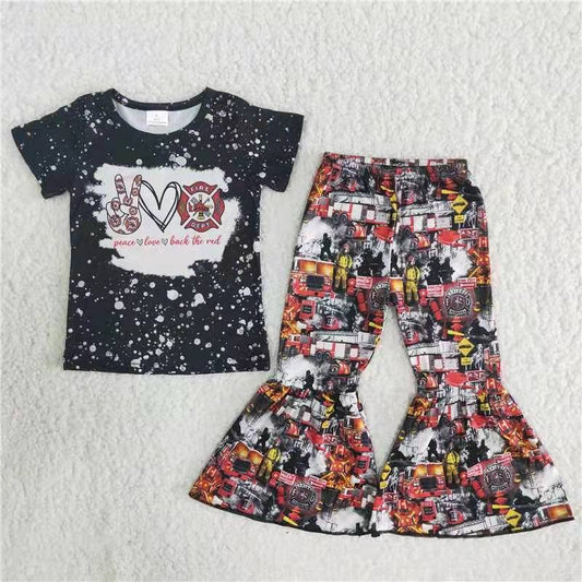 promotion B8-23 Firetruck pants peace love black bleaching top short sleeves long bell bottom pants