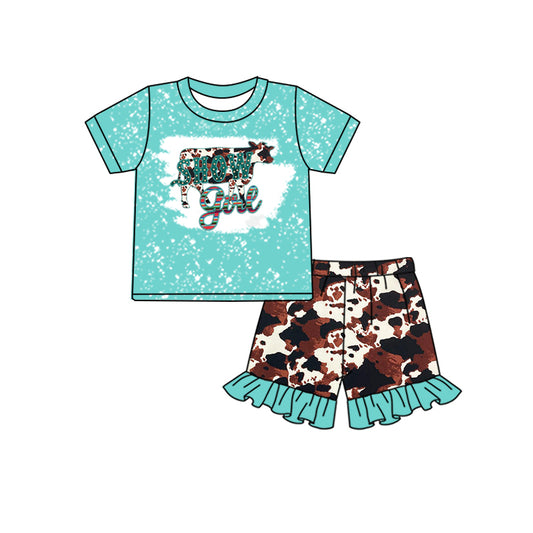 preorder summer girl set blue top show brown cow print ruffles shorts girl outfits 0411