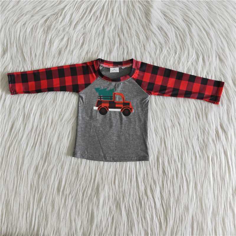 Christmas boy cartoon tree car red black raglan grey long sleeve top