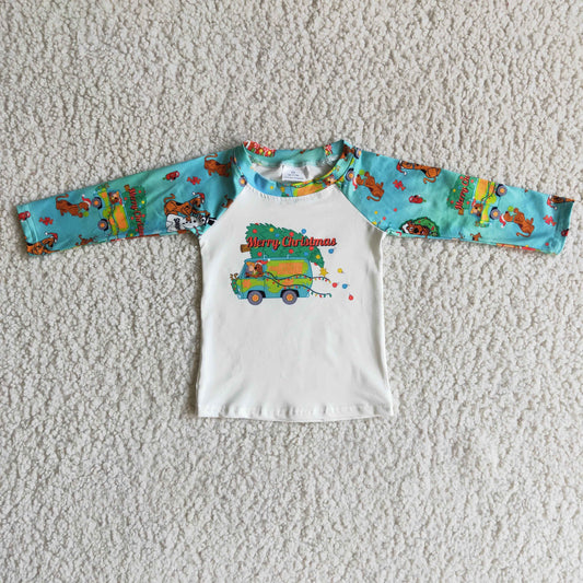 Promotion RTS Christmas boy blue car raglan white long sleeve top