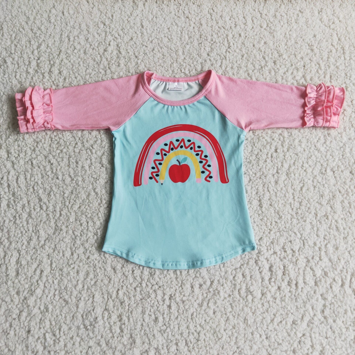 Apple rainbow print ruffle pink raglan blue girl long sleeve top