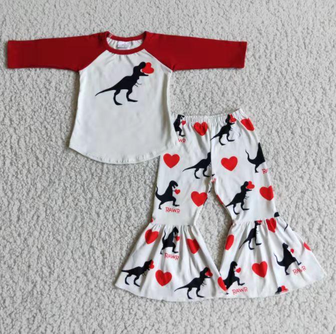 Dinosaur love heart red white girls valentine long sleeve pants outfits