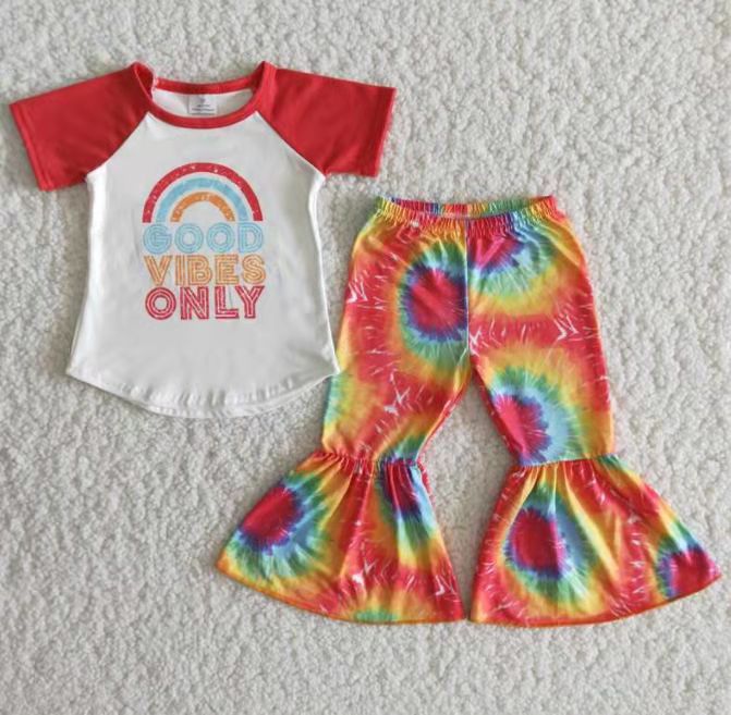 promotion B14-15 good vibes only letters tie dye girls short slevee pants kids clothes outfits02