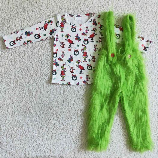 Green cartoon faux fur suspender overall match long sleeve shirt girl christmas outfits 0817 RTS