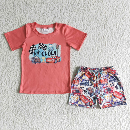 B15-25 KA CHOW flag cartoon car red short sleeves shorts boy outfit 20230323 RTS