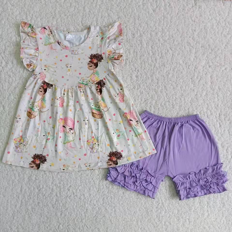 rabbits puffy purple ruffles girl short sleeve shorts outfits