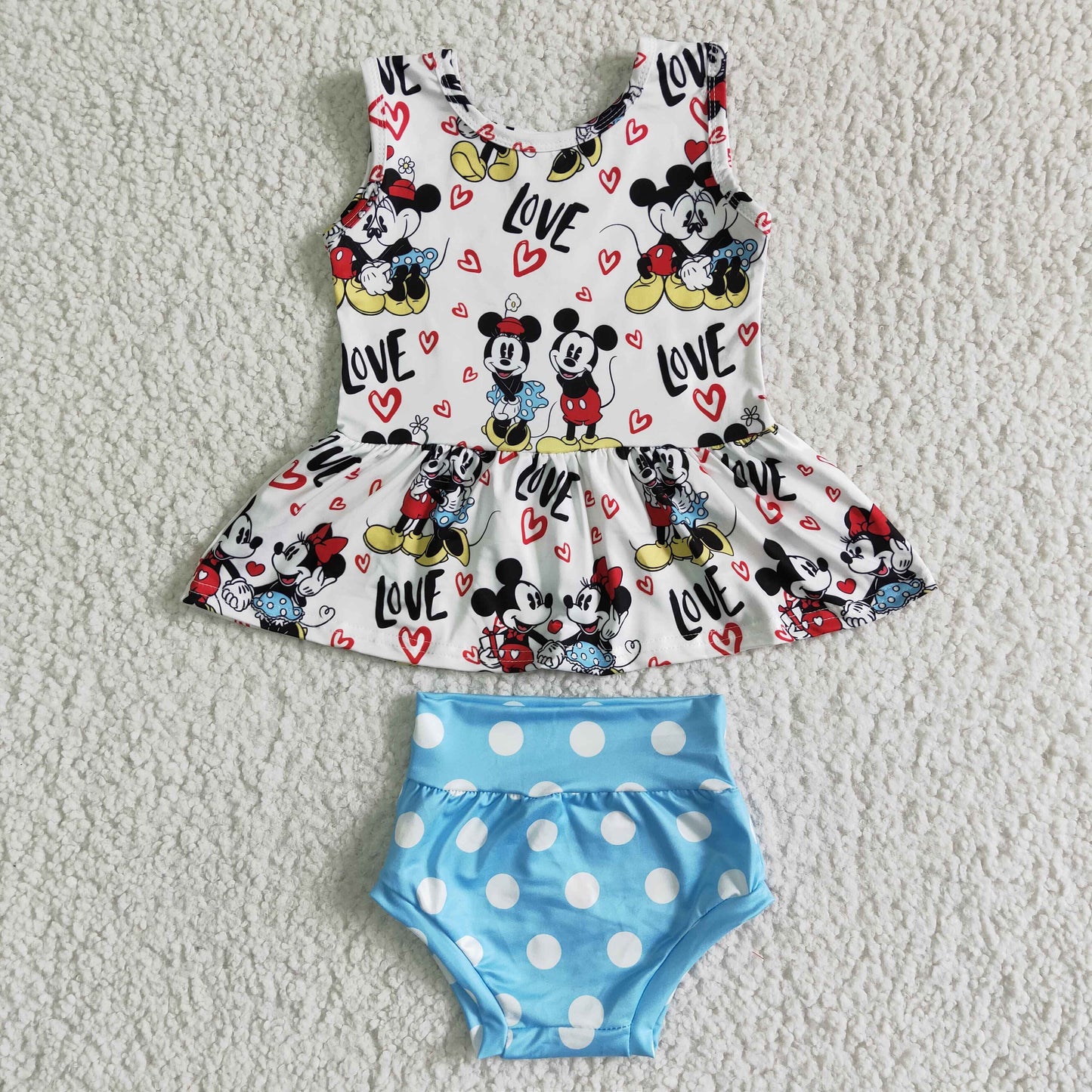 cartoon mouse white dot blue short sleeve bummie set