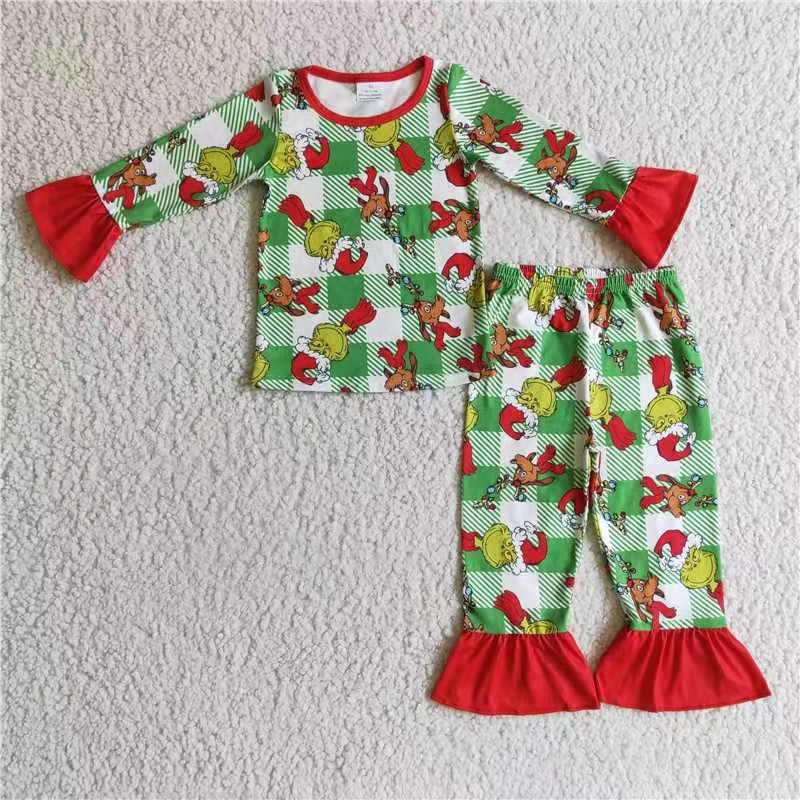 GLP0295 christmas cartoon green grin long sleeve girl pajamas outfit 1028 RTS