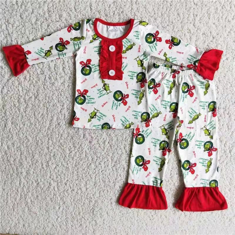 promotion 6A20-3 Girl green cartoon button long sleeve top red lace pants pajamas outfit 20230720 RTS