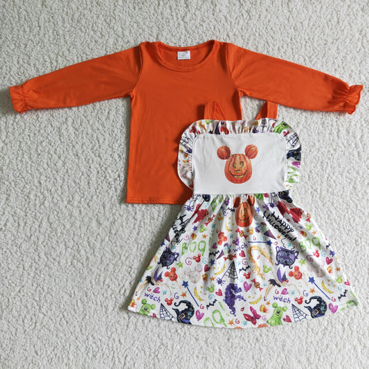 0906 long sleeve orange top halloween overall suspender pumpkin skirt dress girl outfit