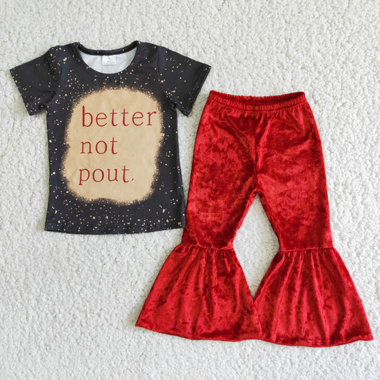 better not pout letters red velvet short sleeve bell bottom pants outfit 0915 RTS