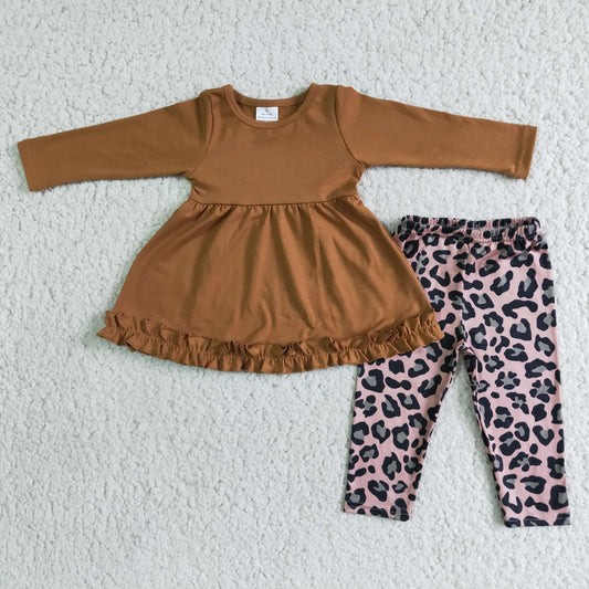 promotion 6 B6-21 Girl brown lace tunic leopard long sleeve legging pant outfit