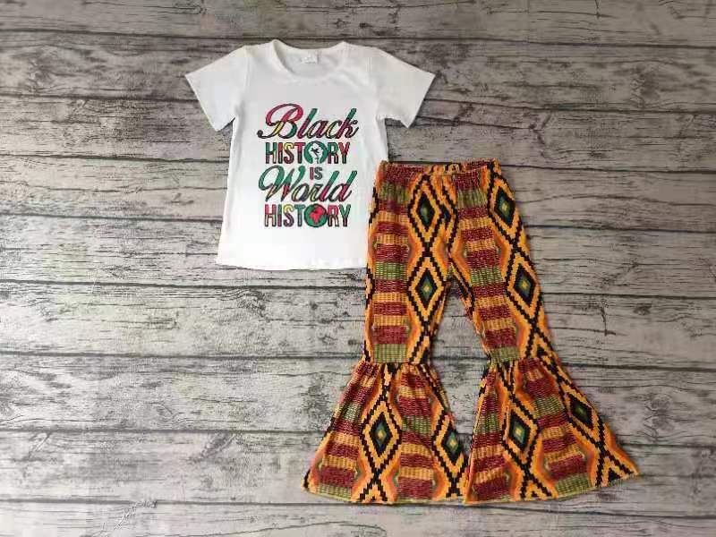 juneteenth Black History is world history letters girl rhombus yellow orange short sleeve bell bottom outfit