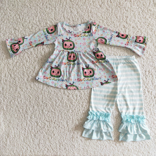 promotion 6 B3-20 Cartoon Watermelon Tunic Ruffles Long Sleeve Pants Girl Outfit