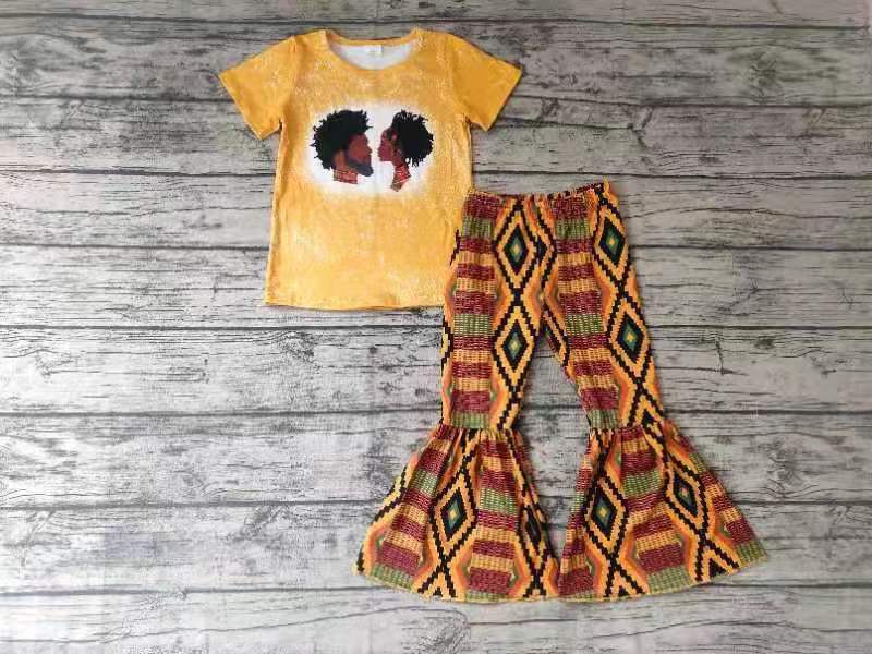 juneteenth Black History Month girl black yellow rhombus short sleeve bell bottom Africa girl outfit Jan0114